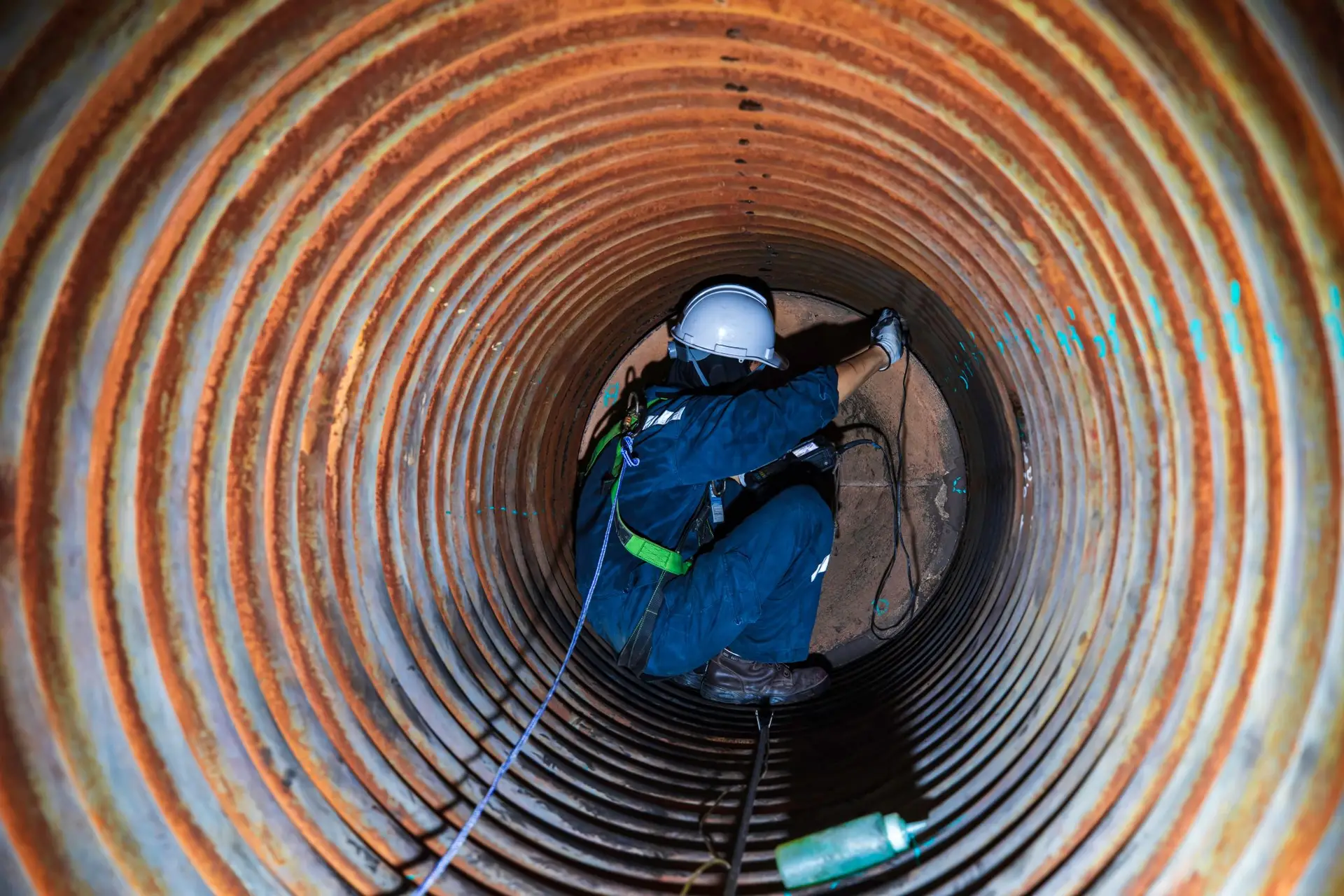 Male worker inspection measured the coil pipe circular thickness of the boiler scan minimum thickness into line rope access symbol dangerous confined space